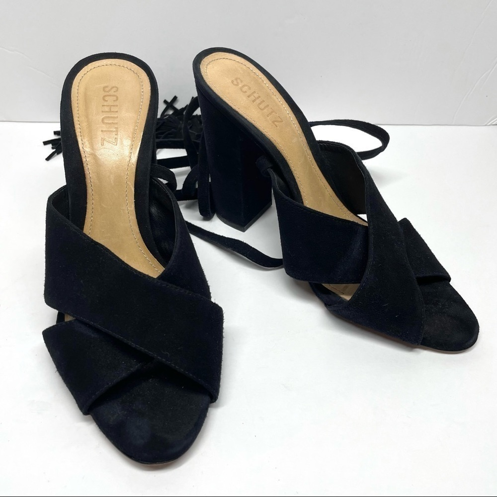 Shutz Suede Black Chunky Heels with Tassel Ties